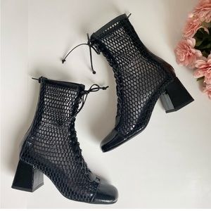 Jeffrey Campbell Black Faux Patent Leather/Mesh Lace Up Booties